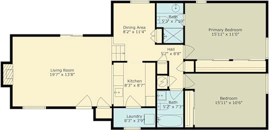 A floor plan for a living space with a kitchen, dining area, and three bedrooms.
