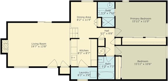 A floor plan for a living space with a kitchen, dining area, and three bedrooms.