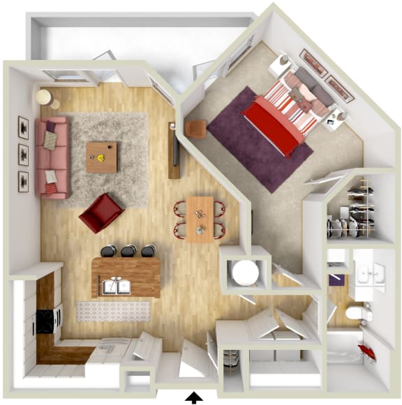 a floor plan of a two bedroom apartment with a bathroom and a bedroom with a bed and