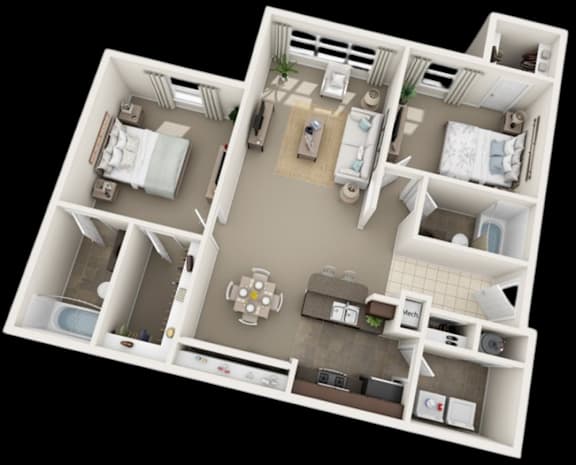 A 3D floor plan of a house with a kitchen, living room, and two bedrooms. at The Dawson Cartersville in Cartersville, GA 30191