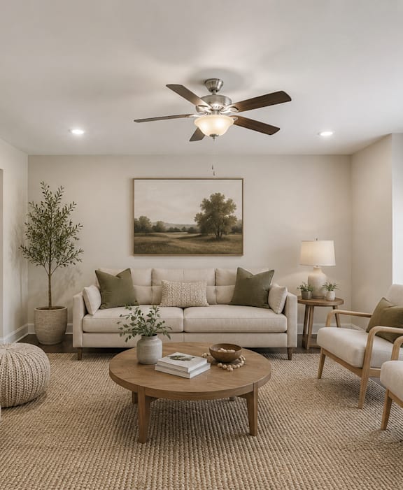 A living room with a white couch, a coffee table, and a ceiling fan.