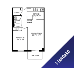 Floor Plan  One bedroom, one bathroom apartment layout at Dorchester Apartments in Niagara Falls, ON