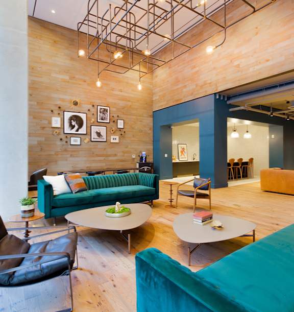 A living room with a black chair and a green couch.
