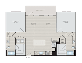 A floor plan of a house with a living room, dining room, kitchen, and two bathrooms.