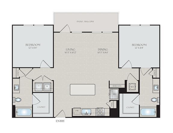 A floor plan of a house with a living room, dining room, kitchen, and two bathrooms.