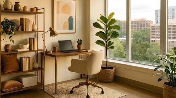 Home office with a desk and a computer at Reflections at the Wharf, Washington, DC, 20024