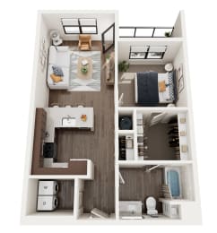 A1 floor plan showing one bedroom and one bathroom