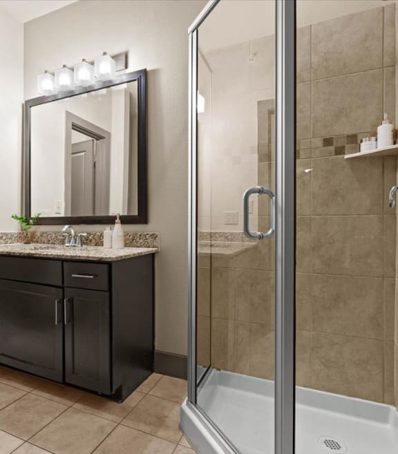 a bathroom with a shower stall sink and mirror