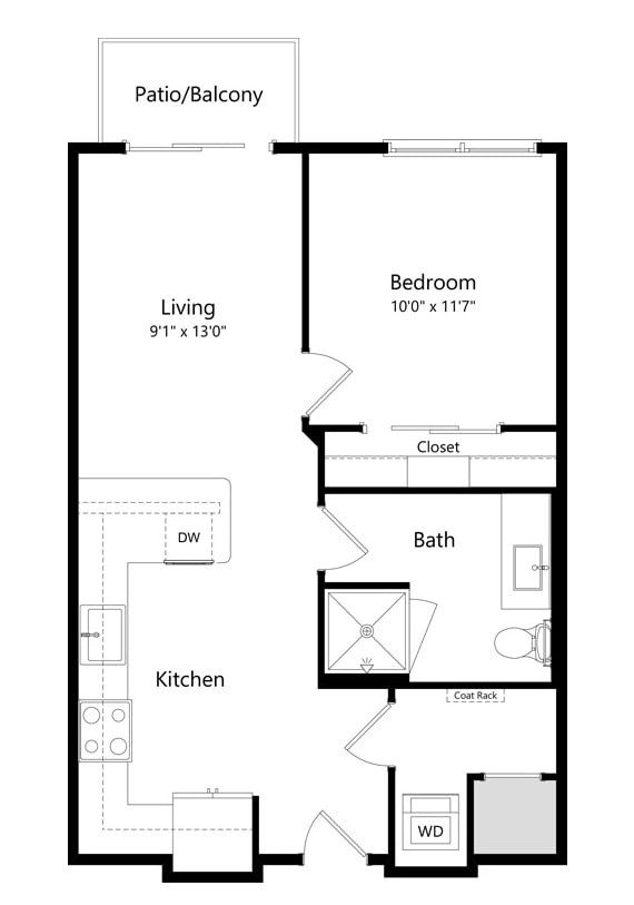 1 bed 1 bath floor plan A at 42 Hundred On The Lake, St Francis, WI, 53235