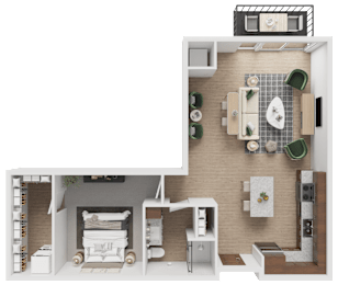 A top-down view of a house layout with a kitchen, living room, and bedrooms.