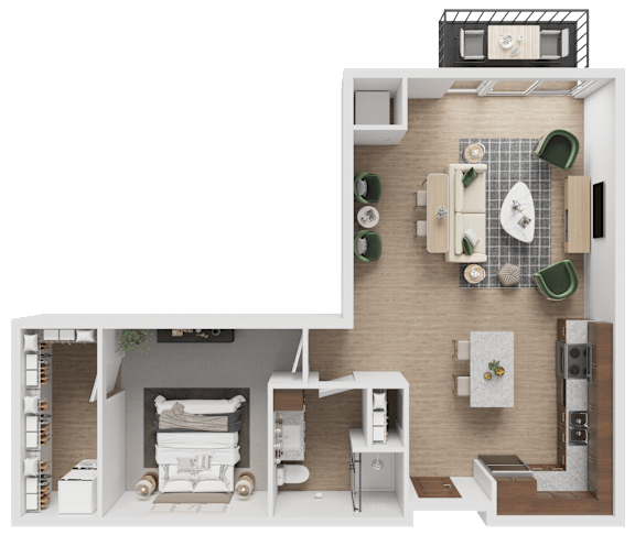 A top-down view of a house layout with a kitchen, living room, and bedrooms.