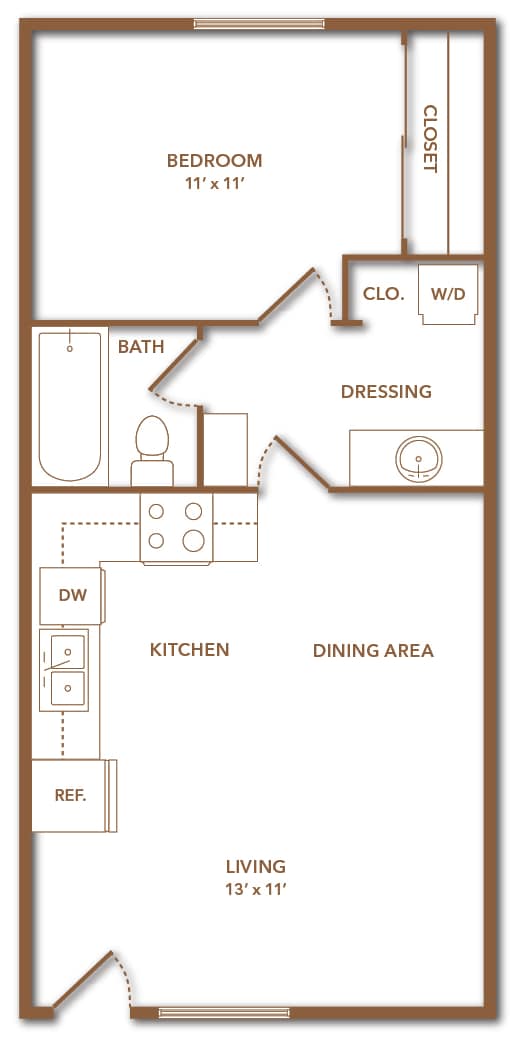 A floor plan of a 545 square feet apartment.