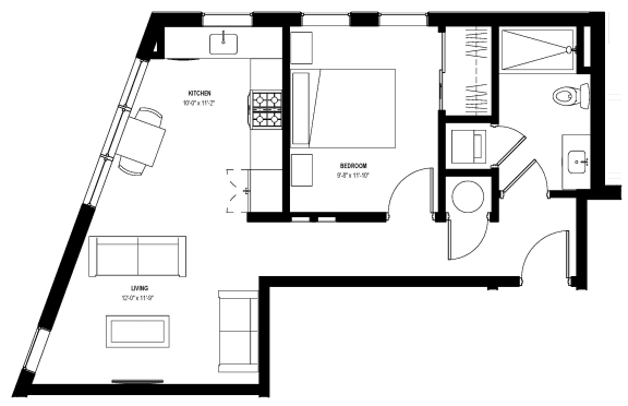 1 bed 1 bath floor plan L at Glassworks, Philadelphia, PA