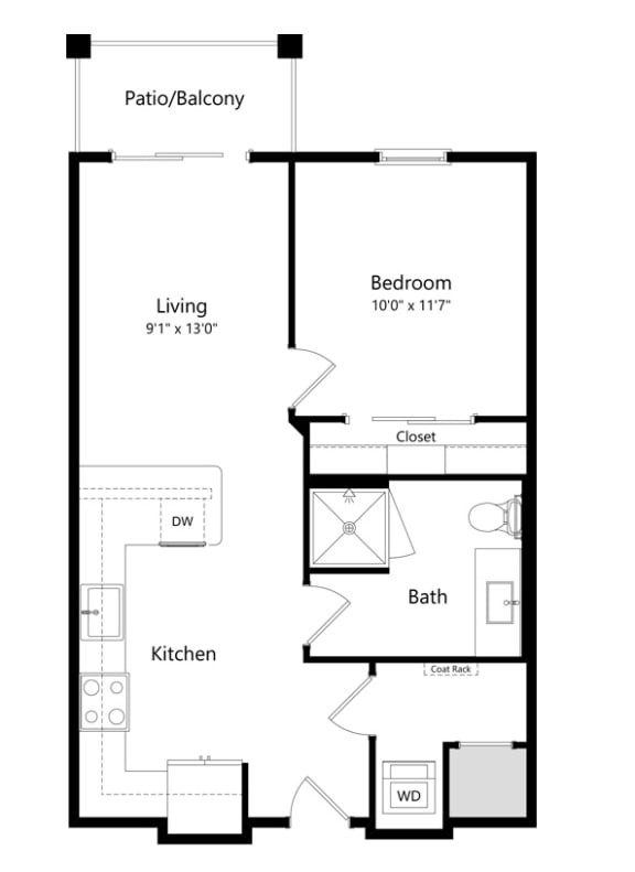 1 bed 1 bath floor plan at 42 Hundred On The Lake, Wisconsin, 53235
