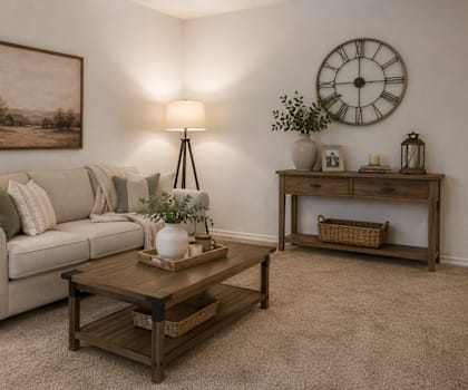 A living room with a couch, coffee table, and a painting on the wall.