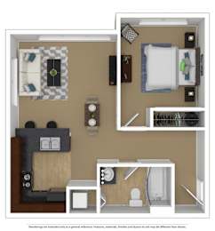 A floor plan of a small apartment with a kitchen, living room, and bathroom.