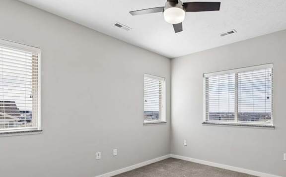Spacious apartment bedroom with carpeted flooring, a ceiling fan, two windows with blinds providing natural light, and a sliding closet door.
