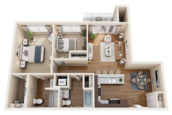 A 3D floor plan of a house with a kitchen, living room, and bathrooms.