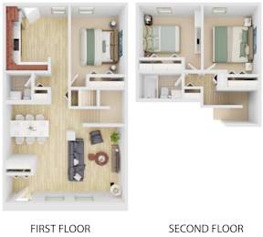 3 Bedrooms 2 Bathrooms Split  Staged Floor Plan at Brewery Square Apartments, New Haven