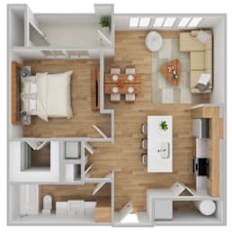 A top-down view of a modern apartment layout with a kitchen, living room, and bedrooms.