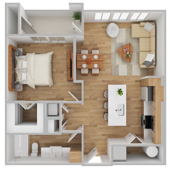 A top-down view of a modern apartment layout with a kitchen, living room, and bedrooms.