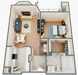 A top down view of a small apartment with a kitchen, living room, and bedroom.