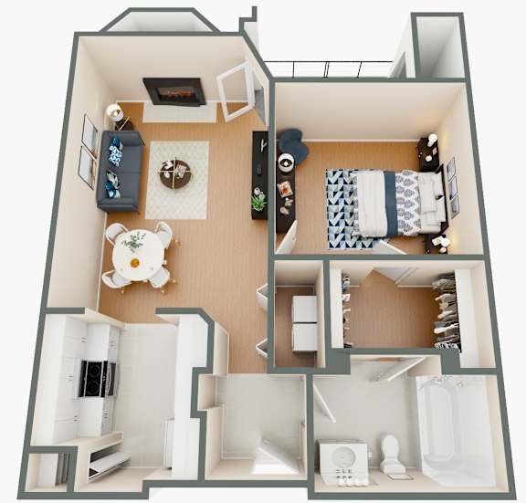 A top down view of a small apartment with a kitchen, living room, and bedroom.