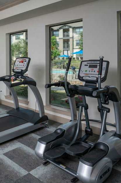 A gym with treadmills, elliptical machines, and a weight machine.