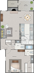 A floor plan of a house with a living room, dining room, kitchen, bathroom, and bedroom.