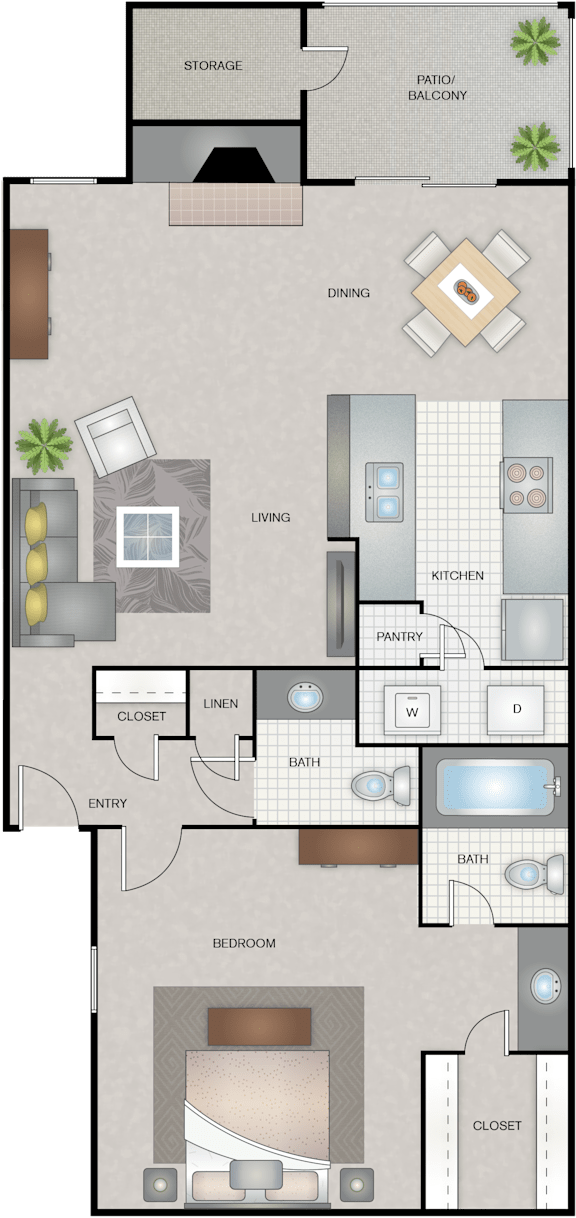 A floor plan of a house with a living room, dining room, kitchen, bathroom, and bedroom.