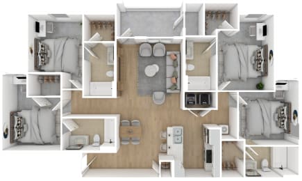 4 Bed 4 Bath Floor Plan | 1,573 Sq. Ft. at The Azul Apartment Homes in Oxford, MS