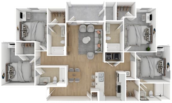 Floor Plan  4 Bed 4 Bath Floor Plan | 1,573 Sq. Ft. at The Azul Apartment Homes in Oxford, MS