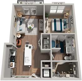 1 Bed 1 Bath Floor Plan | 685 Sq. Ft. at One Riverside Apartments, Chattanooga, Tennessee