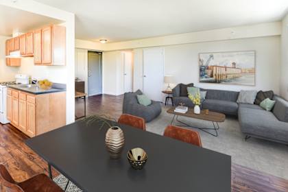 a living room with a black dining table and a kitchen