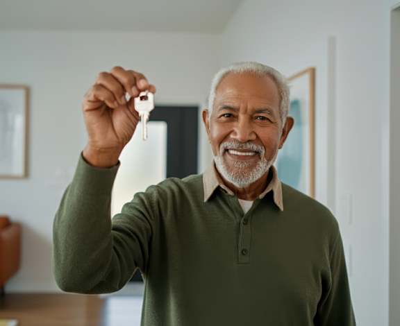 A man in a green shirt is holding up a key.