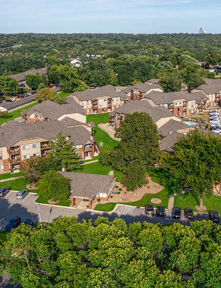 A bird's-eye view of Regency Woods, featuring the community buildings and natural landscape.