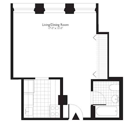Floor Plan  A black and white floor plan for a studio apartment.