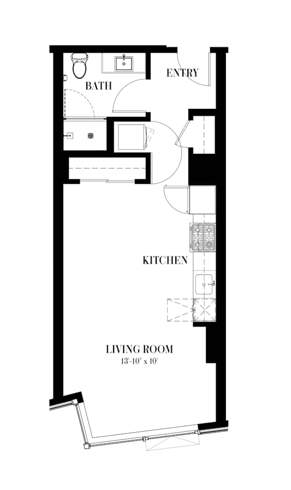 A floor plan for a 520 square foot studio apartment.