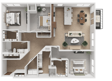 A detailed 3D floor plan of a modern apartment layout.