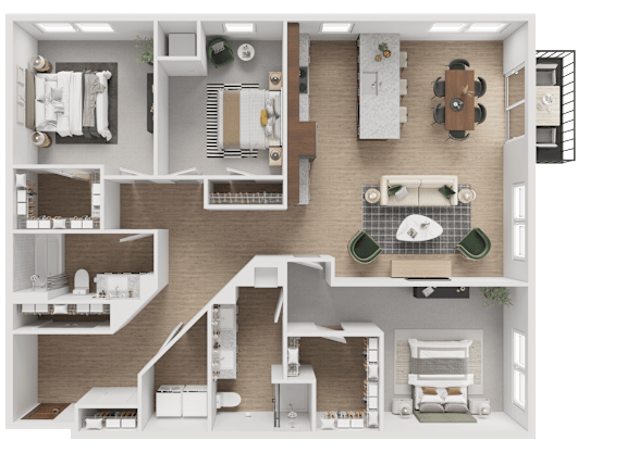 A detailed 3D floor plan of a modern apartment layout.