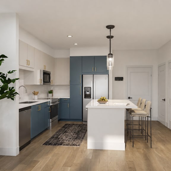 a kitchen and living room with a table and chairs