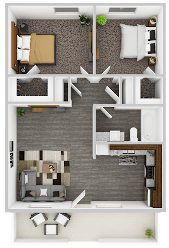 Floor Plan  A floor plan of a modern apartment with a living room, kitchen, and two bedrooms.