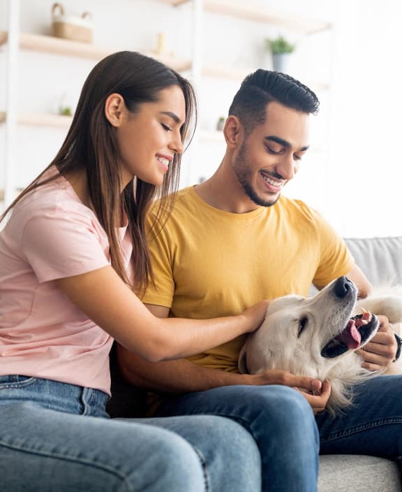 a man and woman sitting on a couch with a dog