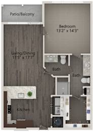 A floor plan of an apartment with a living area, kitchen, bathroom, and bedroom.