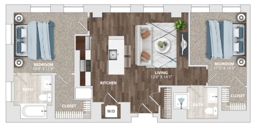 bedroom floor plan an in 2 bed 2 bath  at The Harriet at the Equitable Building, Baltimore, Maryland
