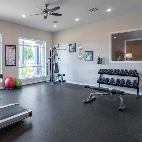 A spacious gym with a treadmill, weights, and exercise balls.