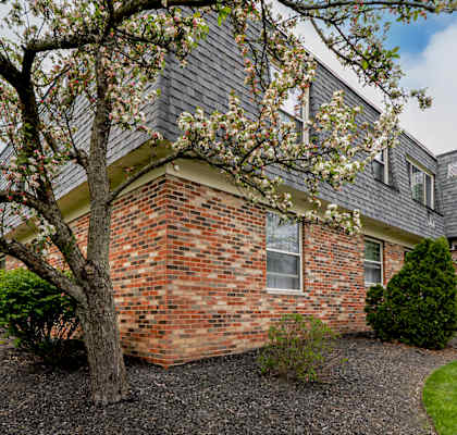 A tree in a mulched garden bed in front of a house at Integrity Chardon Apartments, Chardon
