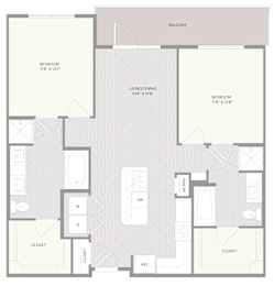 A floor plan of apartment B1 with a kitchen, living room, and two bedrooms.