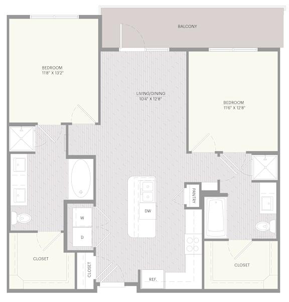 A floor plan of apartment B1 with a kitchen, living room, and two bedrooms.
