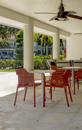 a covered patio with chairs and tables and ceiling fans